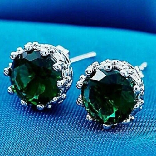 4Ct Round Cut Lab Created Green Emerald Stud Earrings 14K White Gold Finish