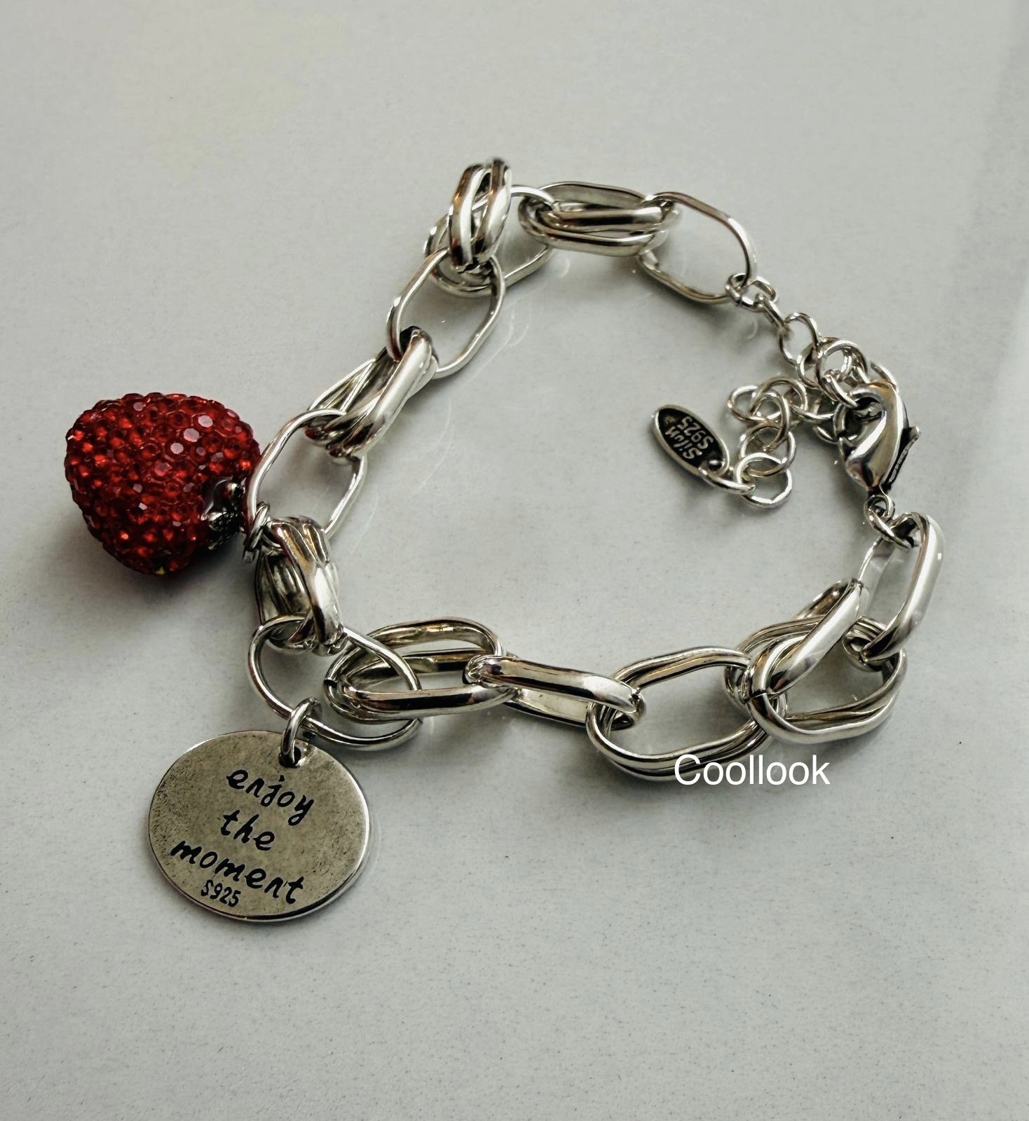Sterling Silver 925 Chain Link Bracelet Red Crystal Heart Charm Adjustable