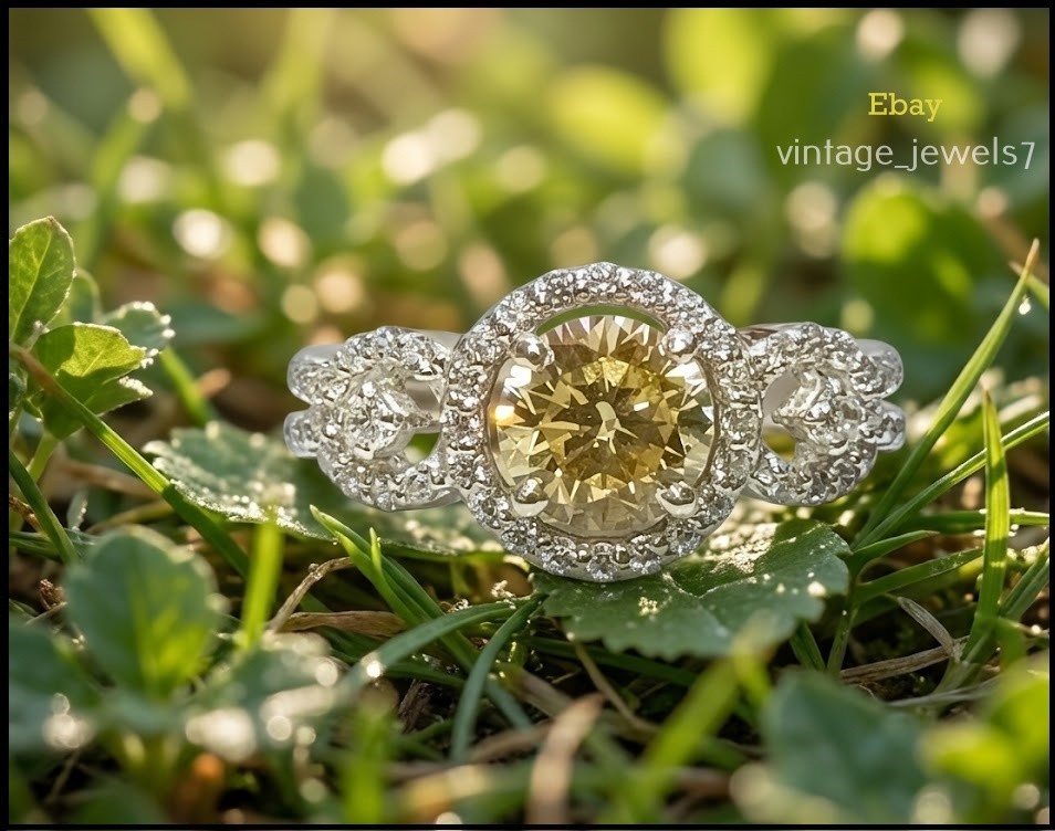 2CT Round Cut Genuine Citrine Wedding Halo Split Shank Ring 14K White Gold Over