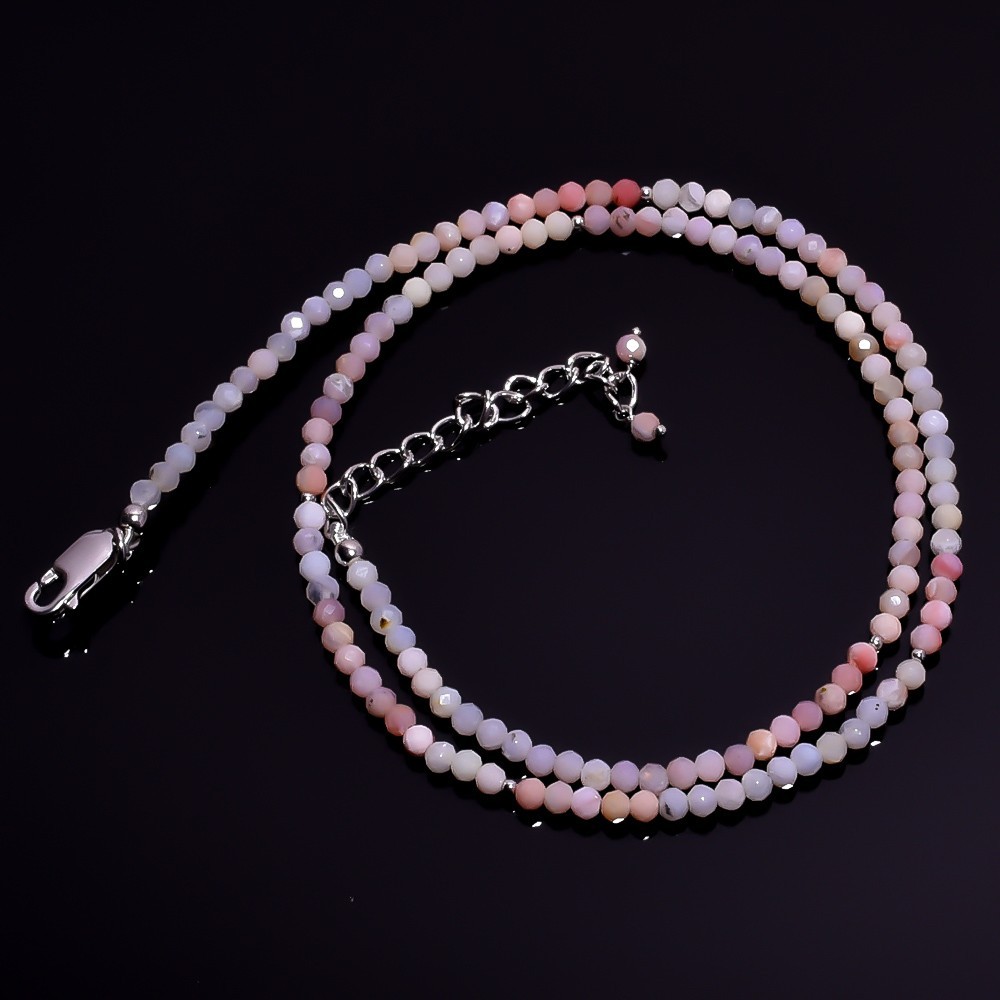 Natural Pink Opal Faceted Round Beads Necklace 16-18″ Adjustable Handmade P-26