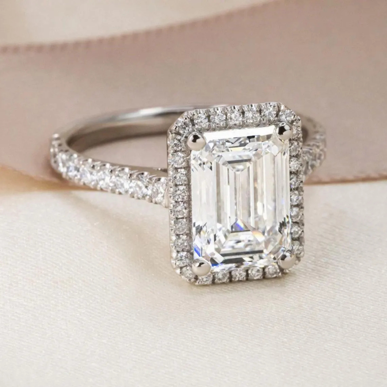 1.50 Carat Emerald Cut Halo Lab Grown Diamond Engagement Ring | IGI Certified