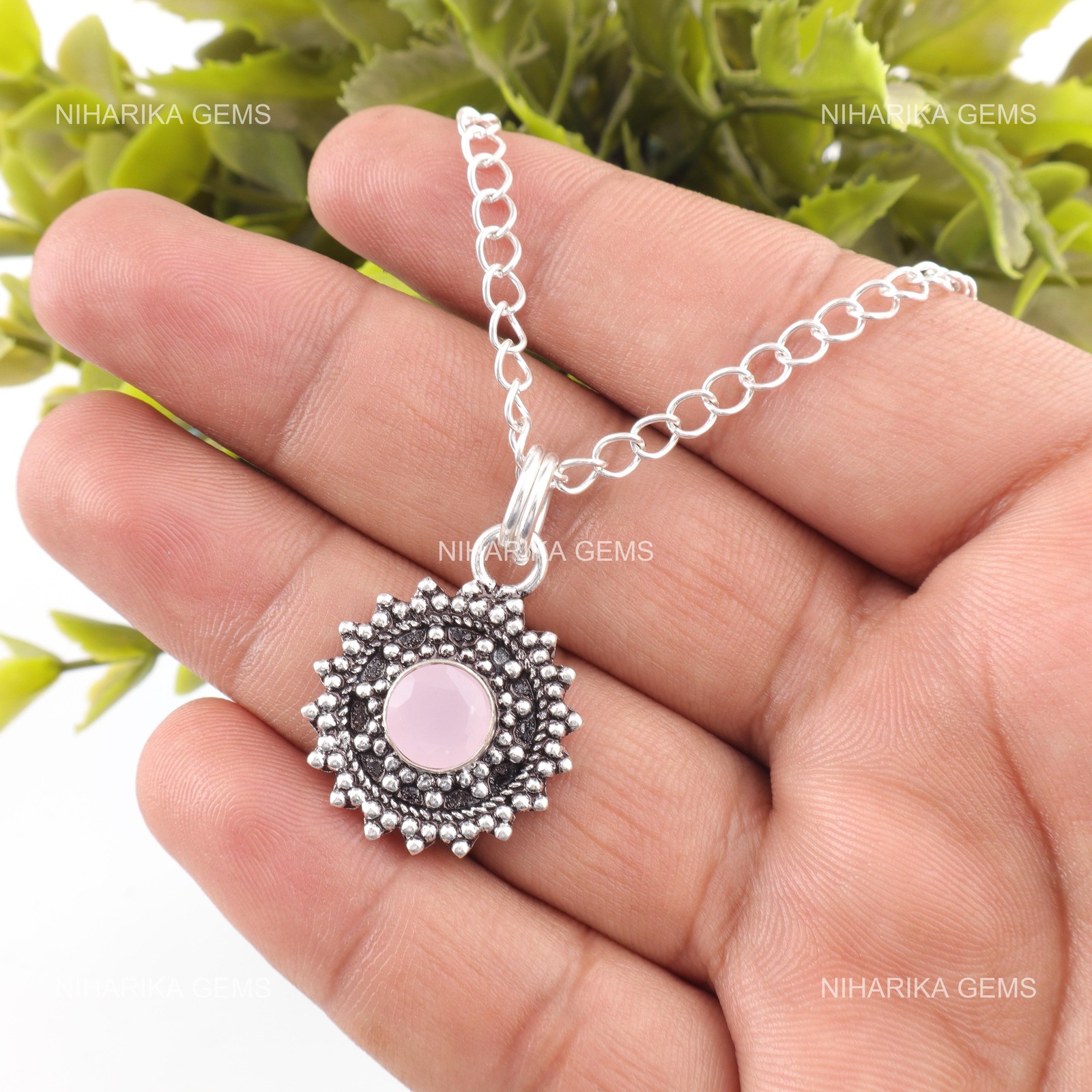 925 Silver Round Natural Rose Chalcedony Art Deco Trendy Wife Artisan Pendant