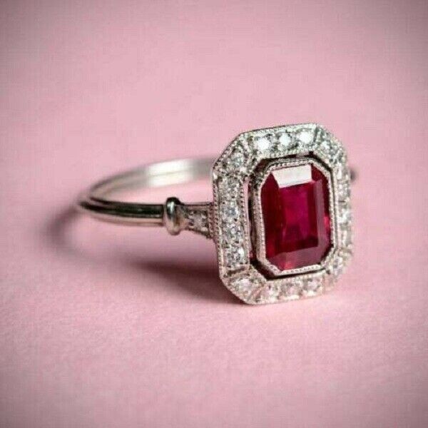 2Ct Lab Created Emerald Dark Pink Sapphire Engagement Ring 14K White Gold Finish