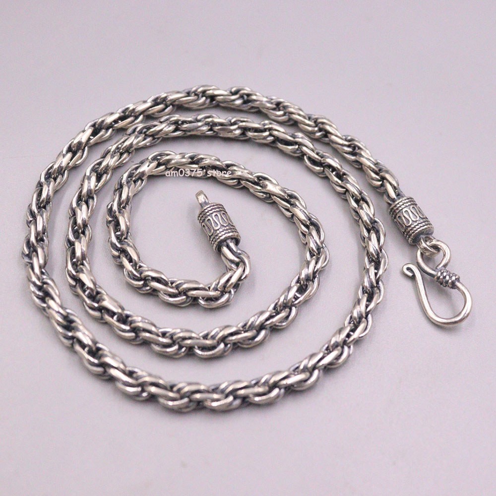 Real S925 Sterling Silver Necklace Women Man Round Twist Rope Chain Link 20inchL