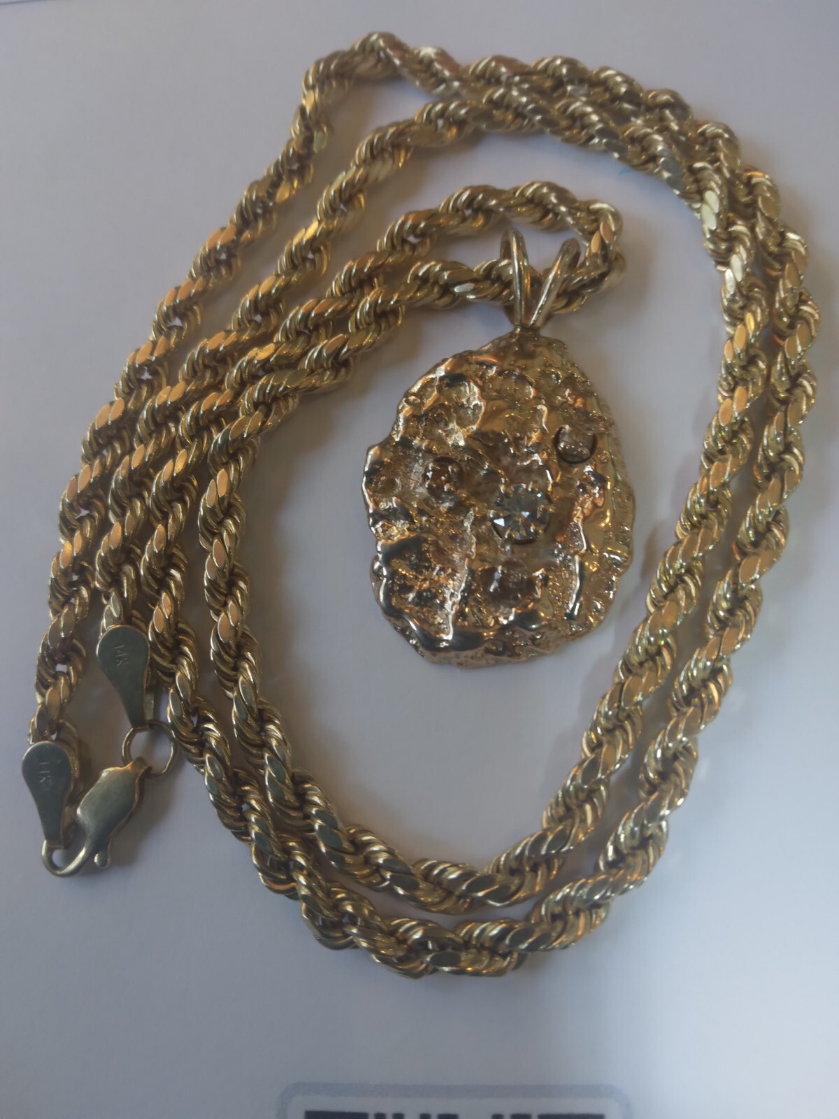 14k Yellow Gold Rope Chain & NUGGET Pendant 4 Round Diamonds & APPRAISAL $4,699.