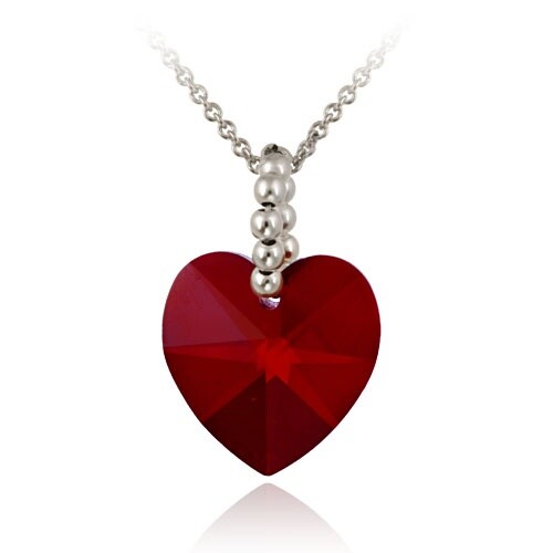 Sterling Silver Red European Crystals Heart Pendant, 18″