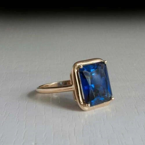 2CT Emerald Cut Lab Created Blue Sapphire 14K Yellow Gold Finish Engagement Ring