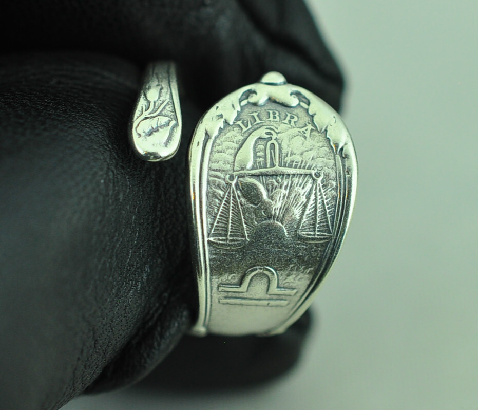 Dainty Solid 925 Sterling Silver Libra Zodiac Birthday Adjustable Spoon Ring