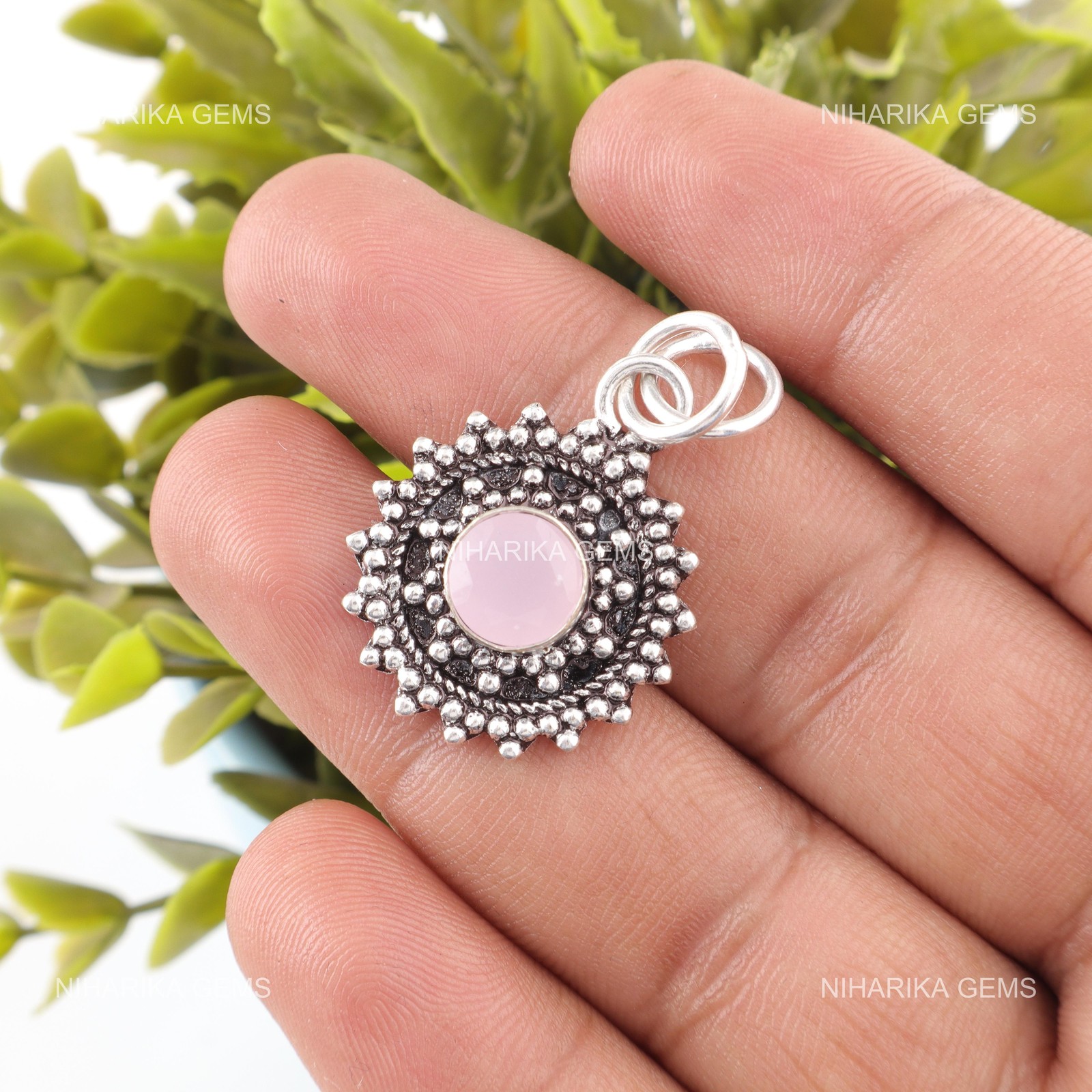 925 Silver Round Natural Rose Chalcedony Art Deco Trendy Wife Artisan Pendant