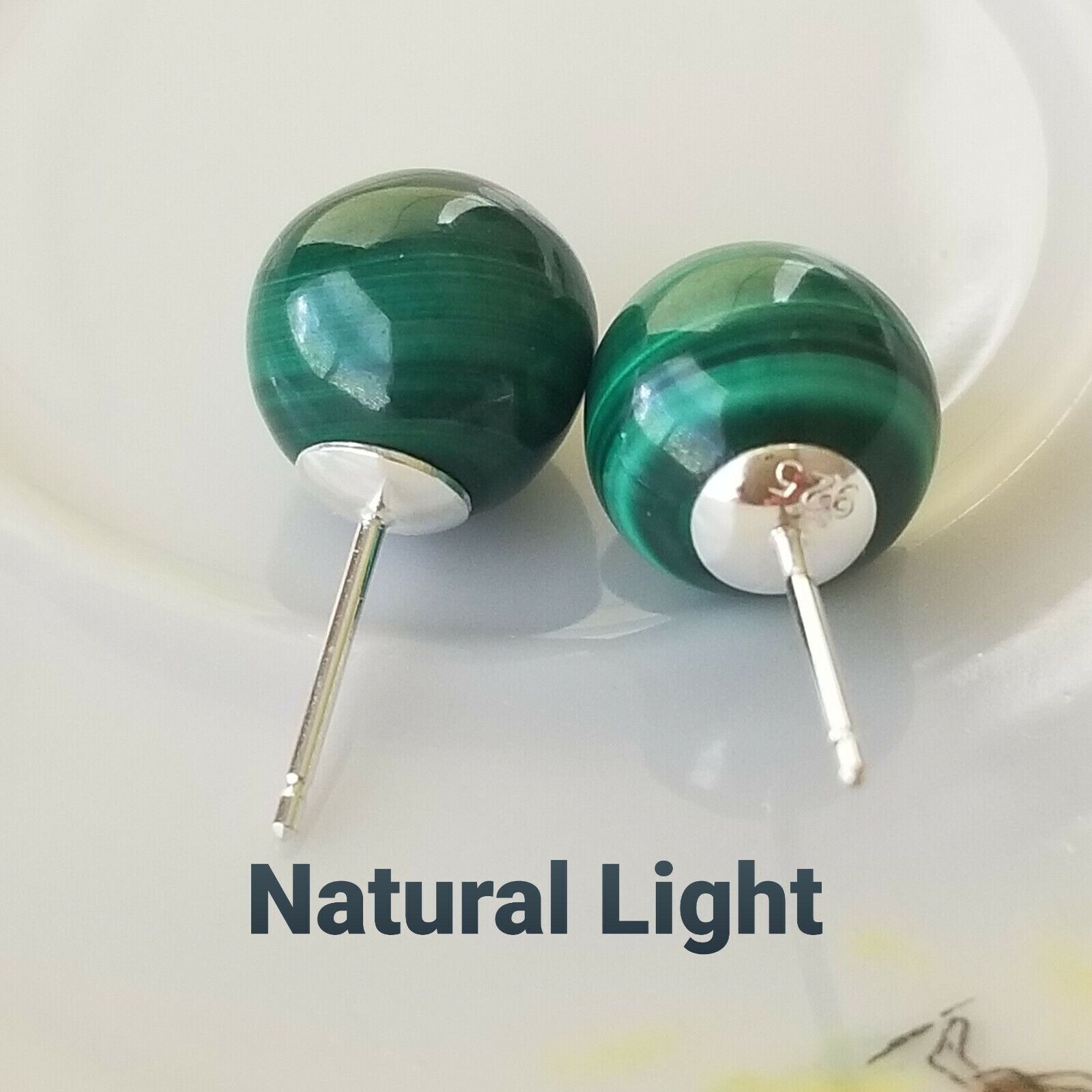 Natural Malachite 10 MM Ball Stud Earrings Solid 925 Sterling Silver