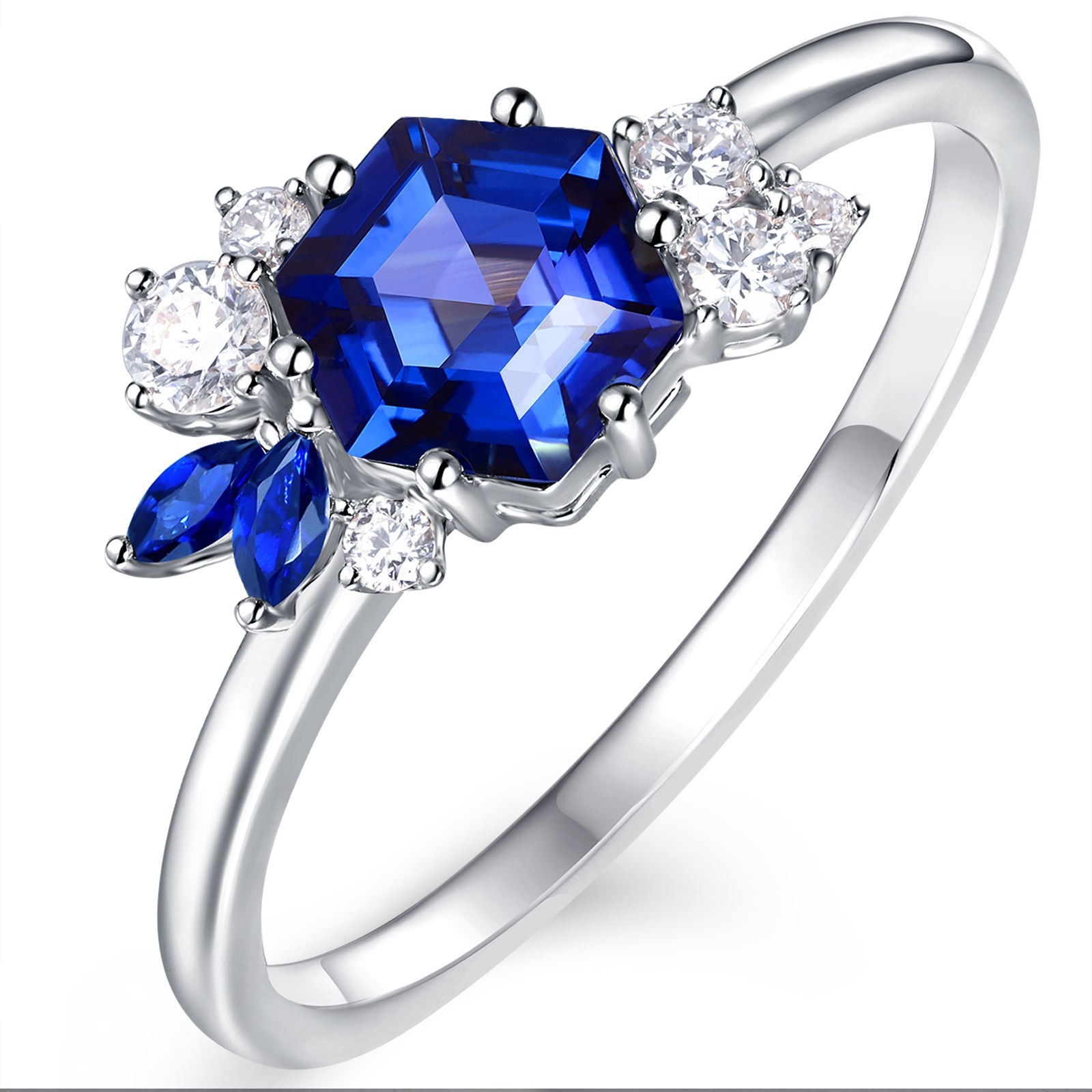 Sterling Silver Lab Created Blue Sapphire Ring Hexagon Cut Wedding Ring for Her