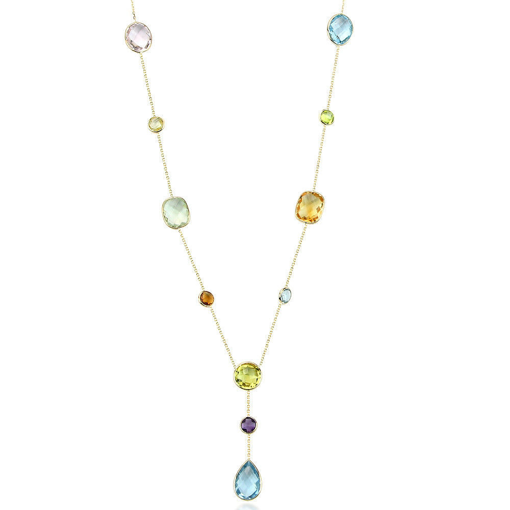 14K Yellow Gold “Y” Style Necklace With Multi-Color Gemstones 16 Inches
