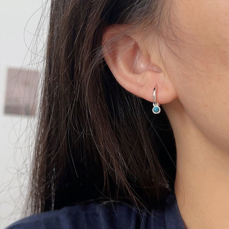 S925 Sterling Silver Natural Blue Turquoise Huggie Hoop Earrings for Women