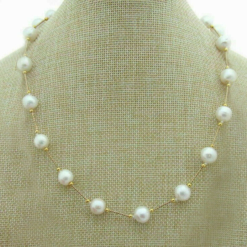 18″ New Popular AAA+ Round 8-9mm Akoya White Pearl Necklace 45cm 14k Gold P