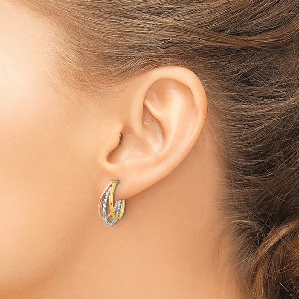 14K Yellow & Rhodium White RH/ Rose GP Textured 3 Row J-Hoop Post Earrings
