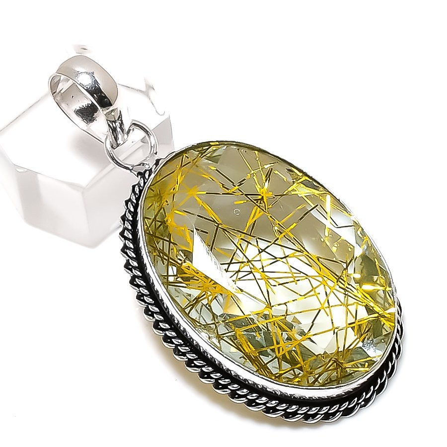 Golden Rutile Gemstone 925 Sterling Silver Gift Jewelry Pendant 2.01″ w466