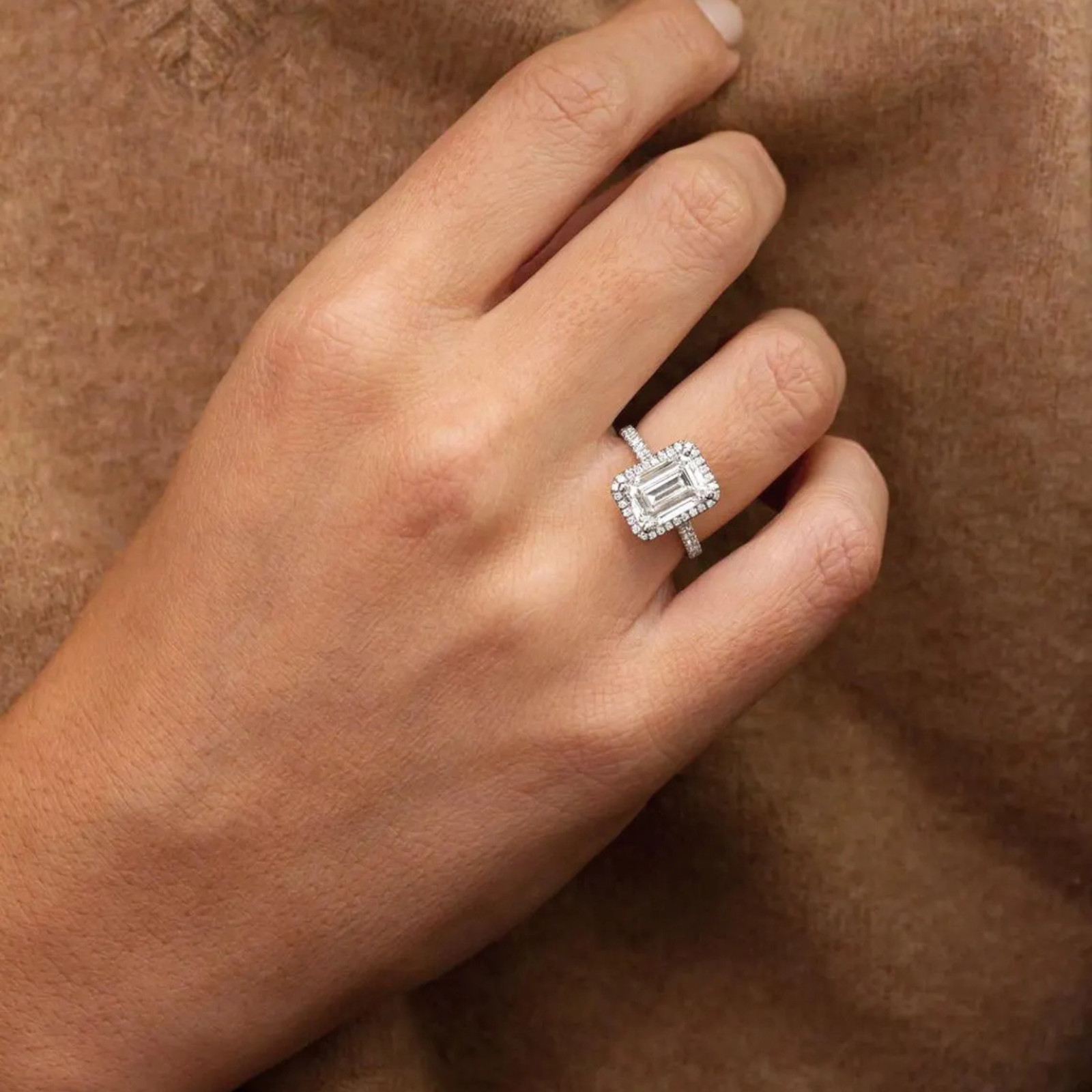 1.50 Carat Emerald Cut Halo Lab Grown Diamond Engagement Ring | IGI Certified