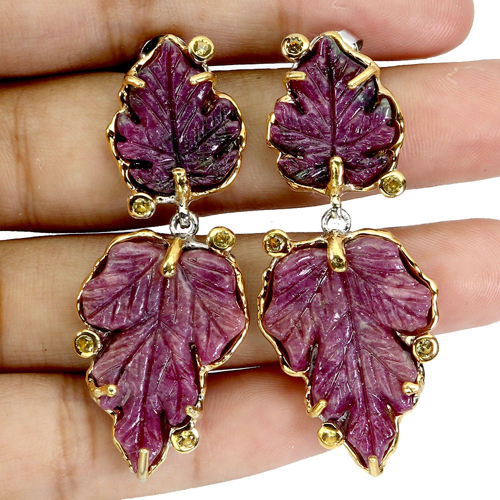 925 Sterling Silver Earrings Leaf Carved Ruby 24x17mm Sapphire Handmade Gemstone