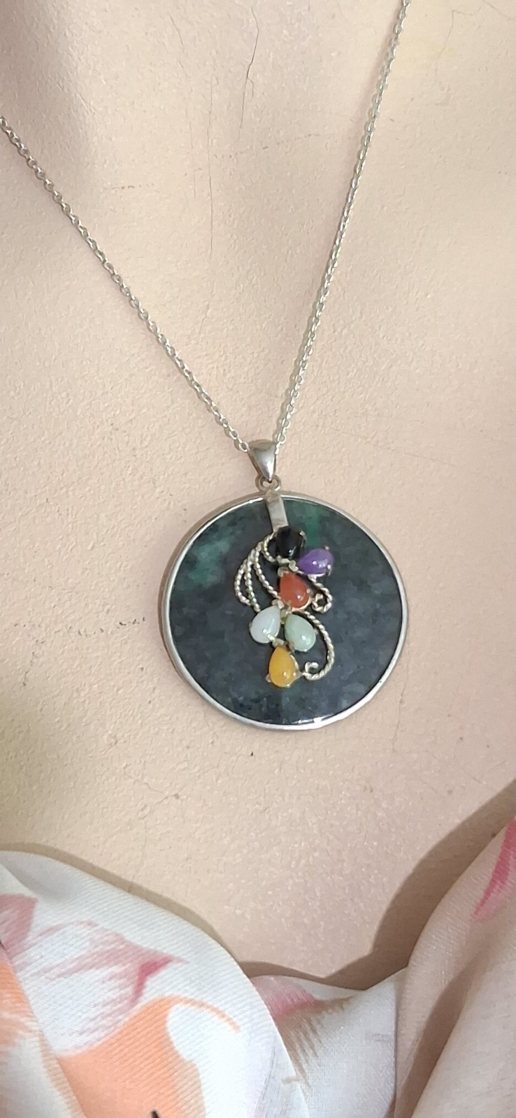 JC Nephrite & Cabochon Multi-Stone Jade Sterling Silver 925 Necklace Pendant EC