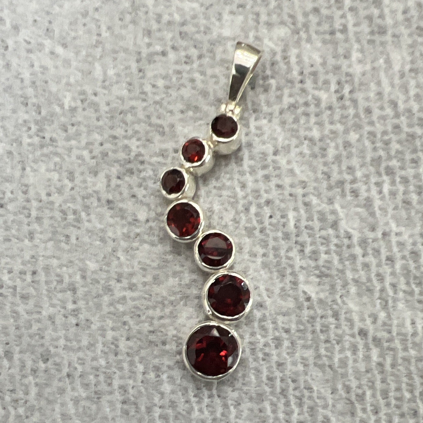 925 Sterling Silver Garnet Curved Drop Pendant Charm, Bezel Set, 7 Stone