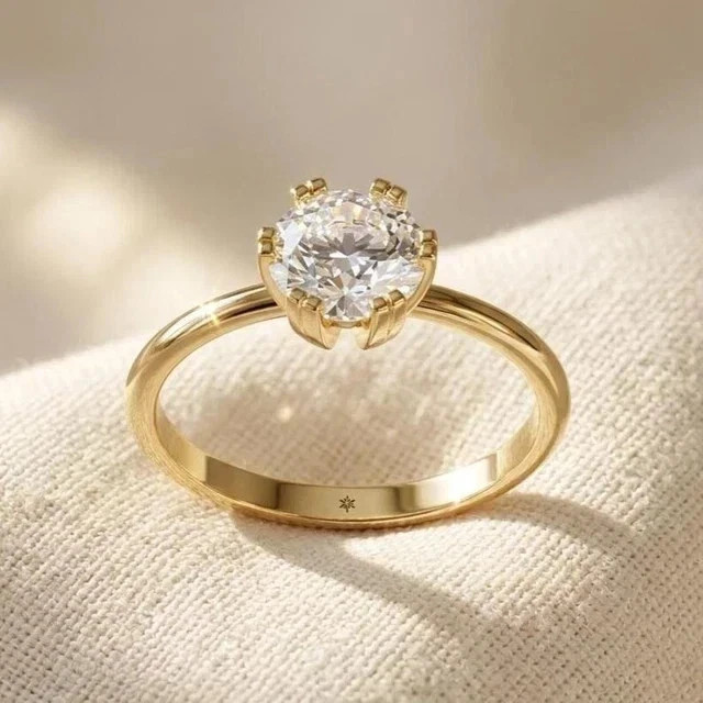 Real Moissanite 4Ct Round Cut Solitaire Engagement Ring 14k Yellow Gold Plated