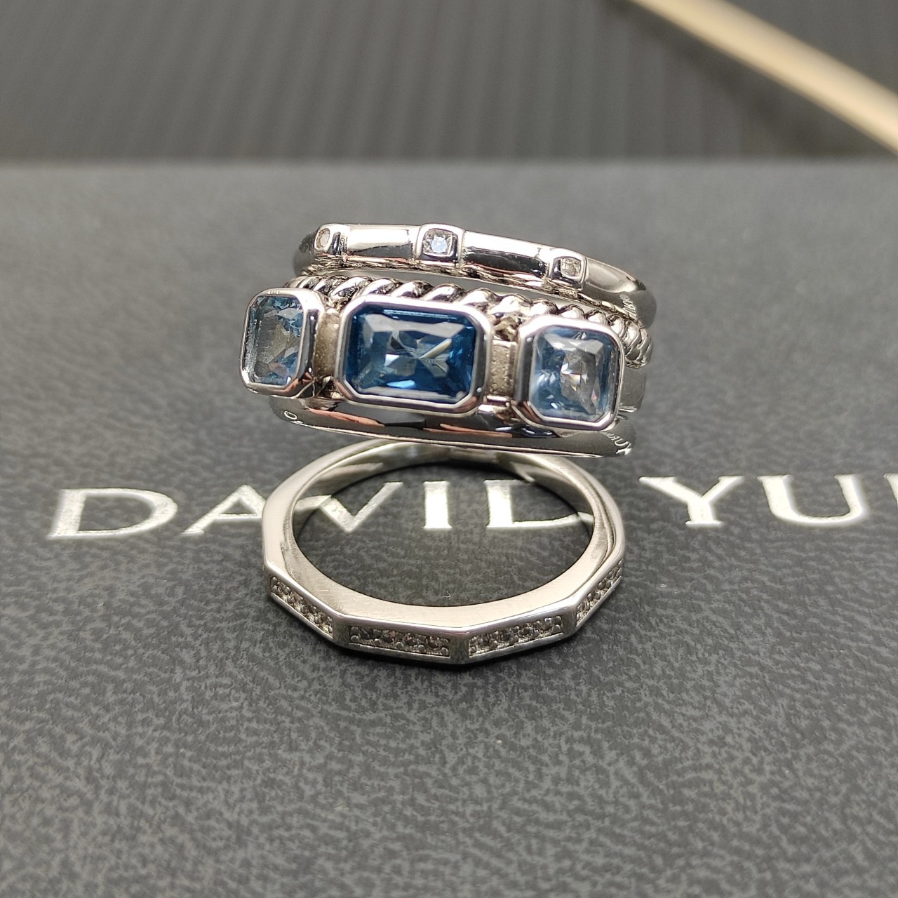 David Yurman Five Row Cable Band 925 Silver Blue Topaz Diamond Ring SZ 9