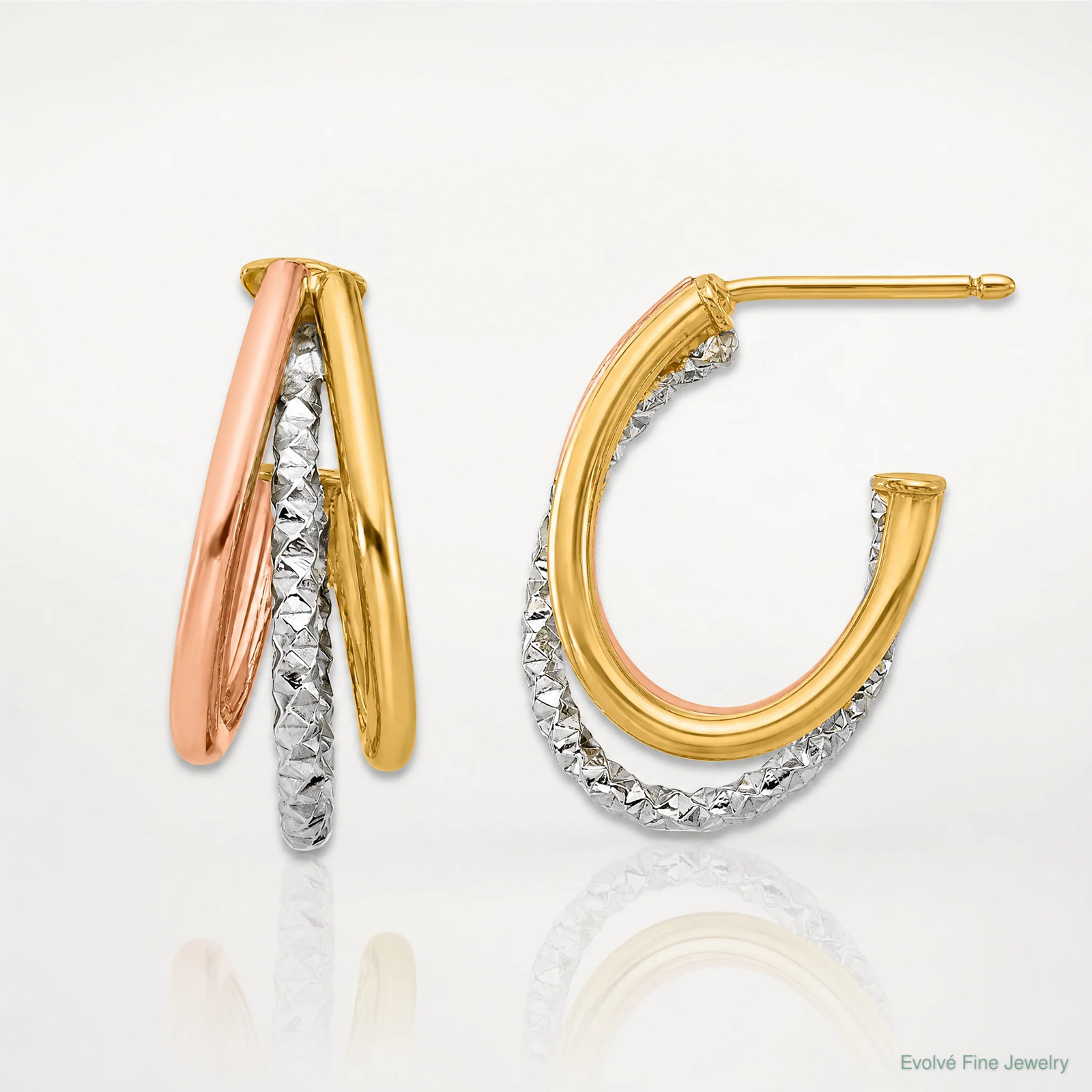 14K Yellow & Rhodium White RH/ Rose GP Textured 3 Row J-Hoop Post Earrings