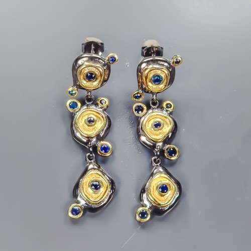 Unique Earrings gem Blue Sapphire Earrings 925 Sterling Silver /E135014
