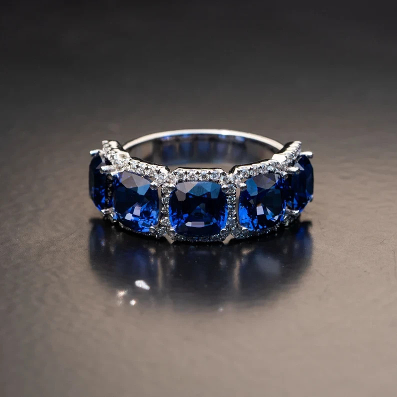 5.5 CT Cushion Sapphire White & Diamond Wedding Ring 14K White Gold size 7