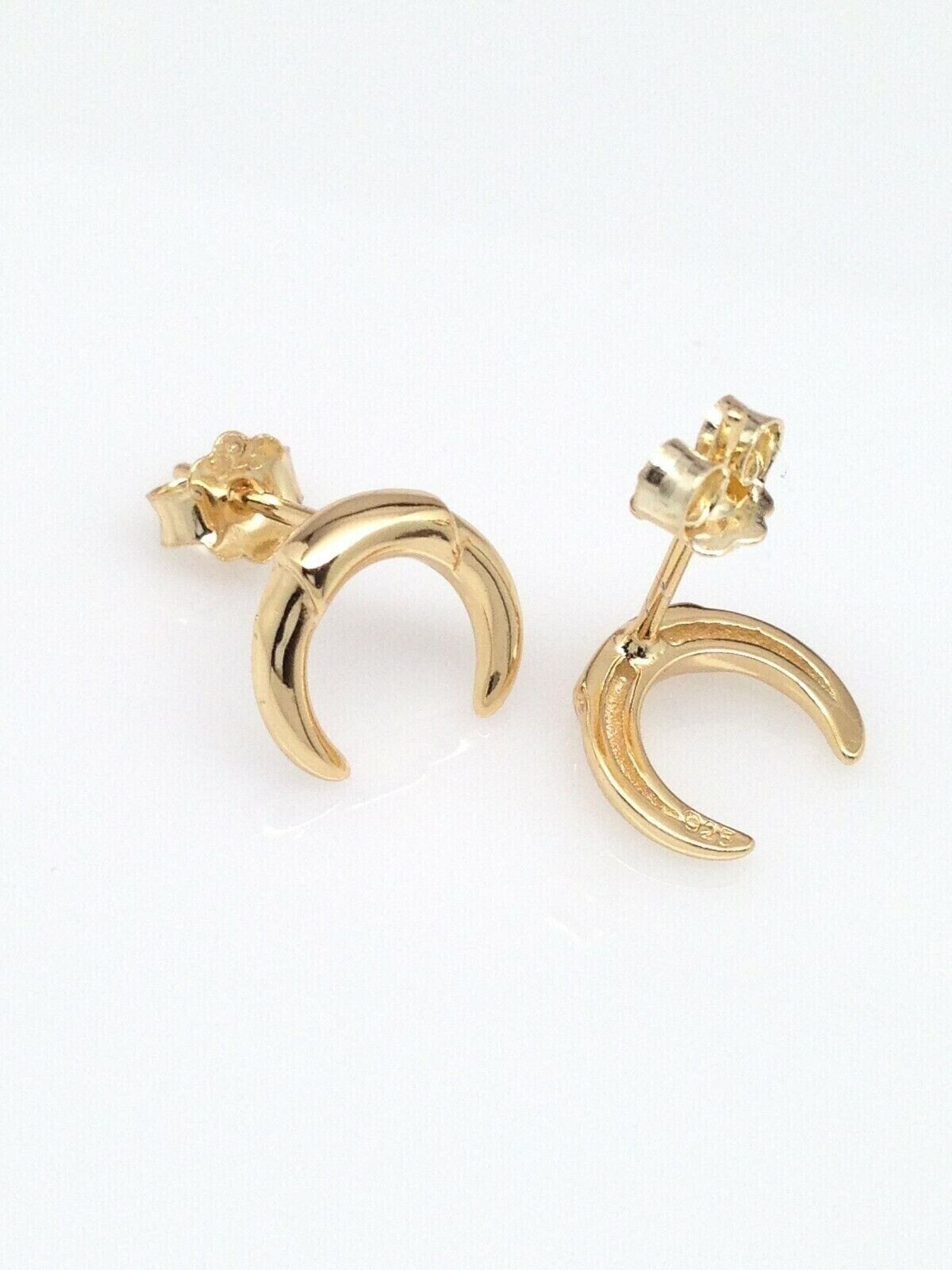 925 Sterling Silver Crescent Moon Horn Stud Earrings Plain Gold 8.8mm Unisex