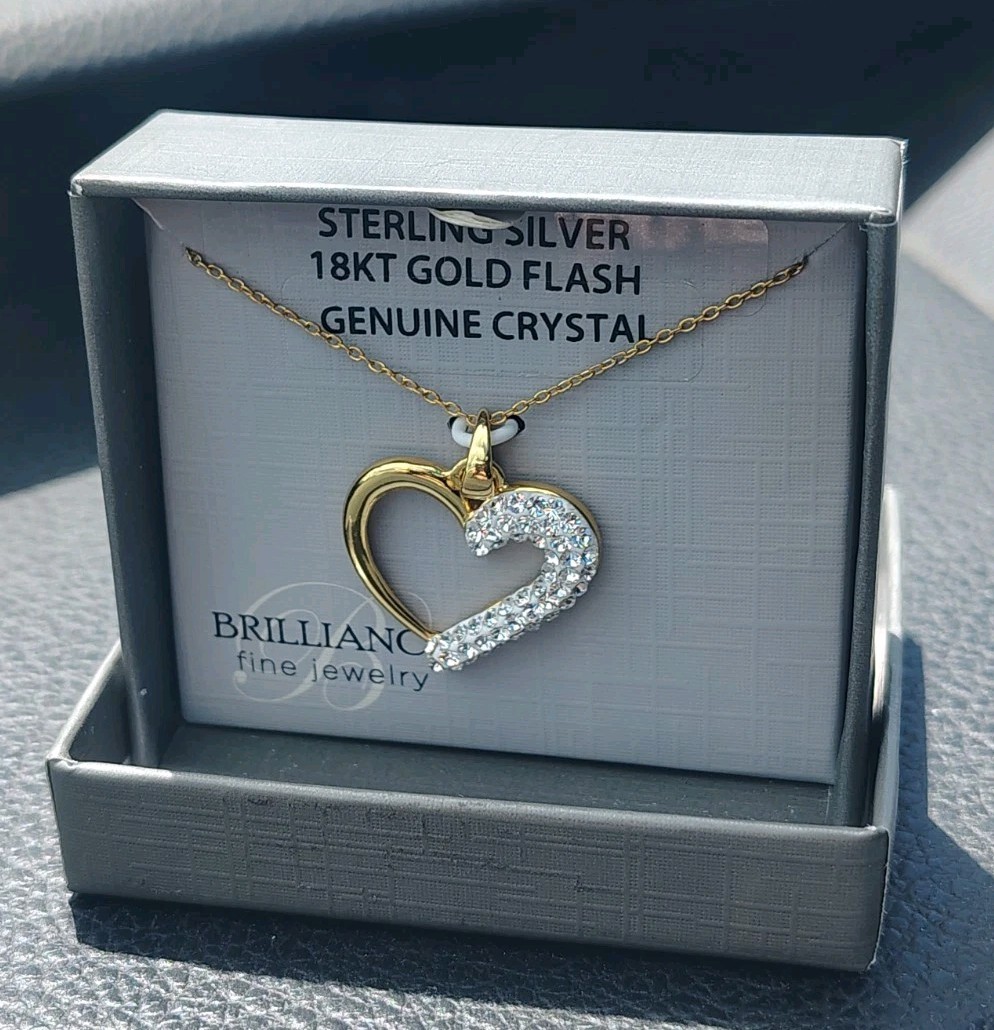 Brilliance Fine Jewelry Sterling Silver 18KT Gold Flash Heart & Crystal Necklace