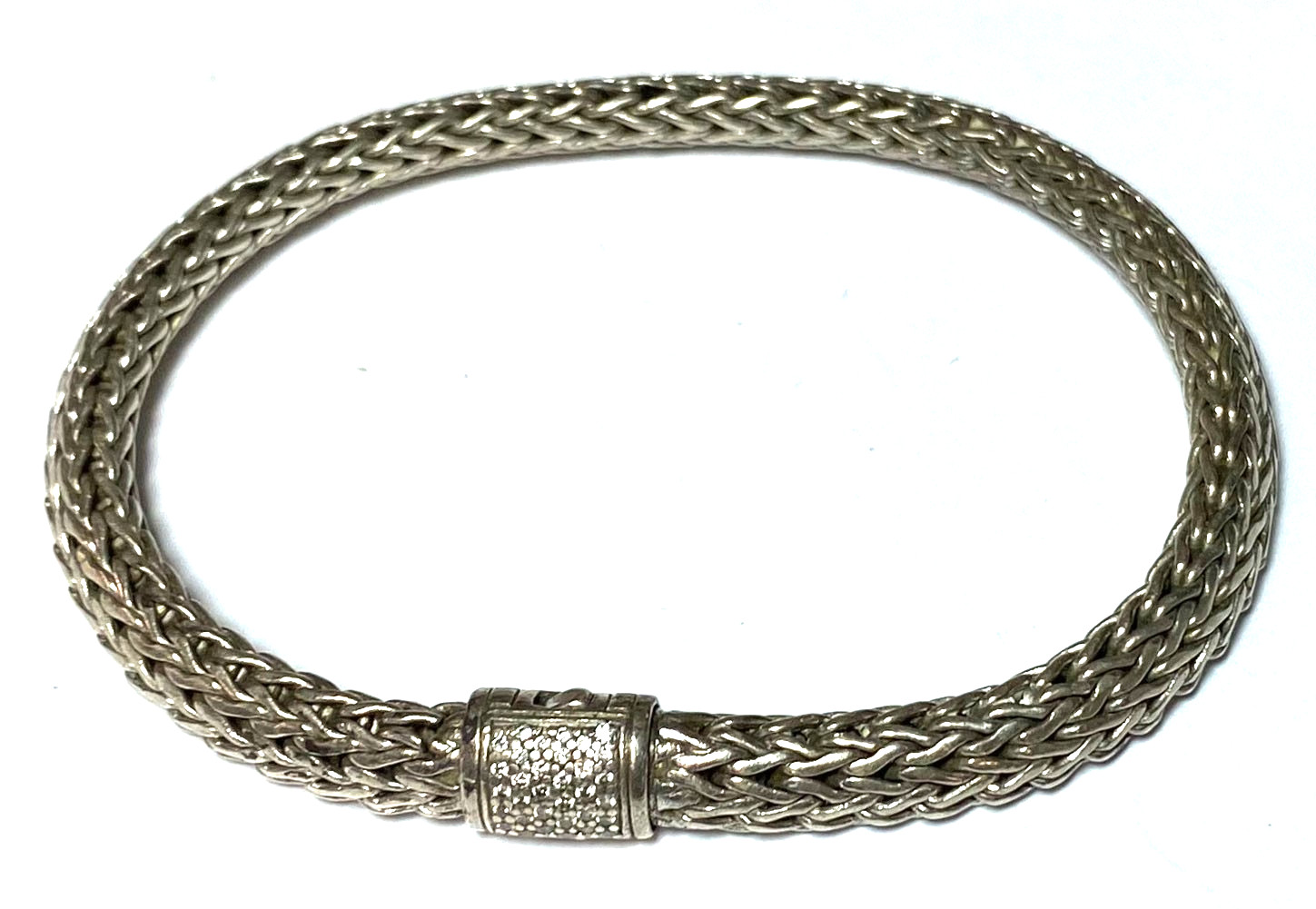 Sterling Silver 6.5mm John Hardy Wheat Chain Diamond Pave Clasp 7.5″