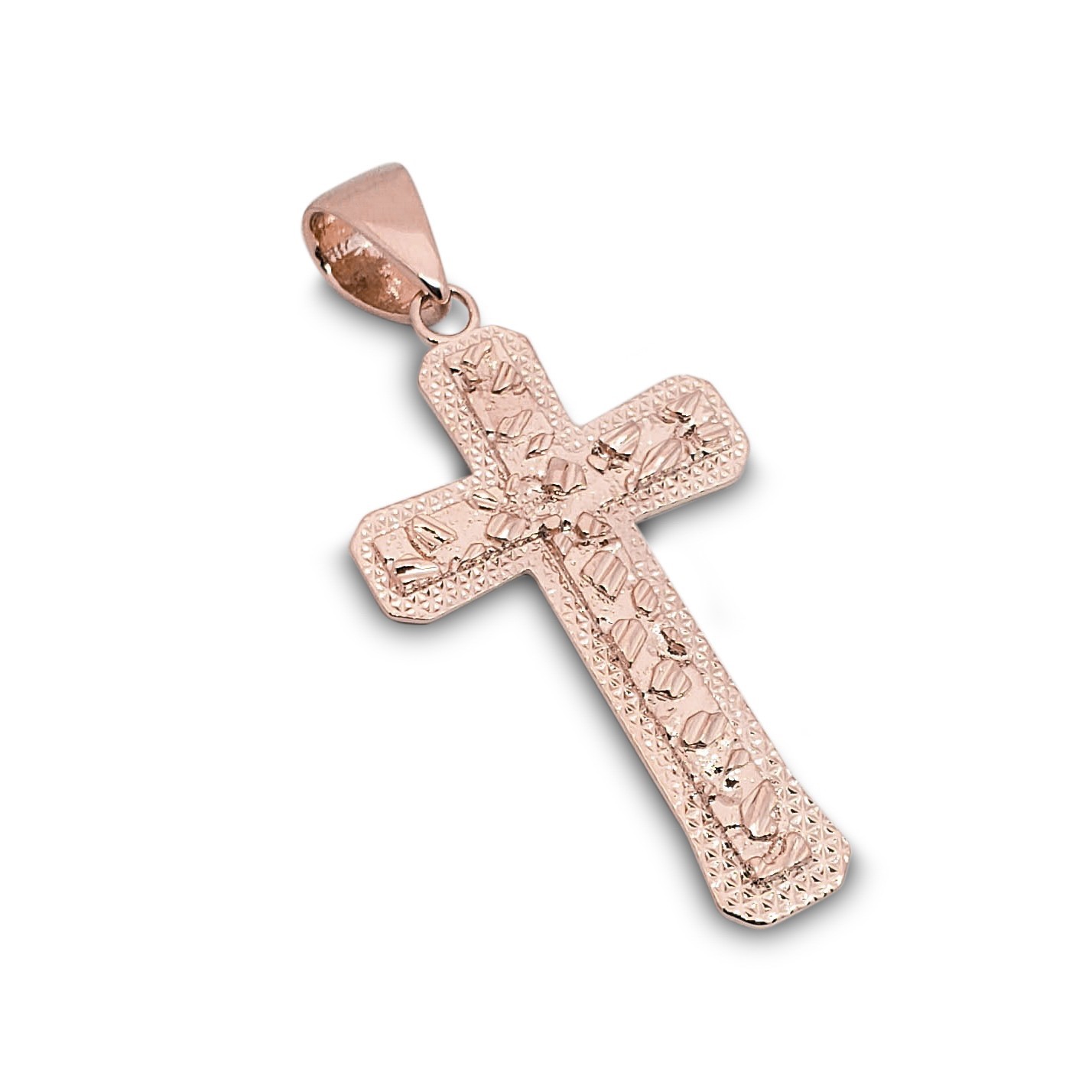 Real 14K Rose Gold Nugget Cross Textured Edge Mens Diamond Cut Pendant All Sizes