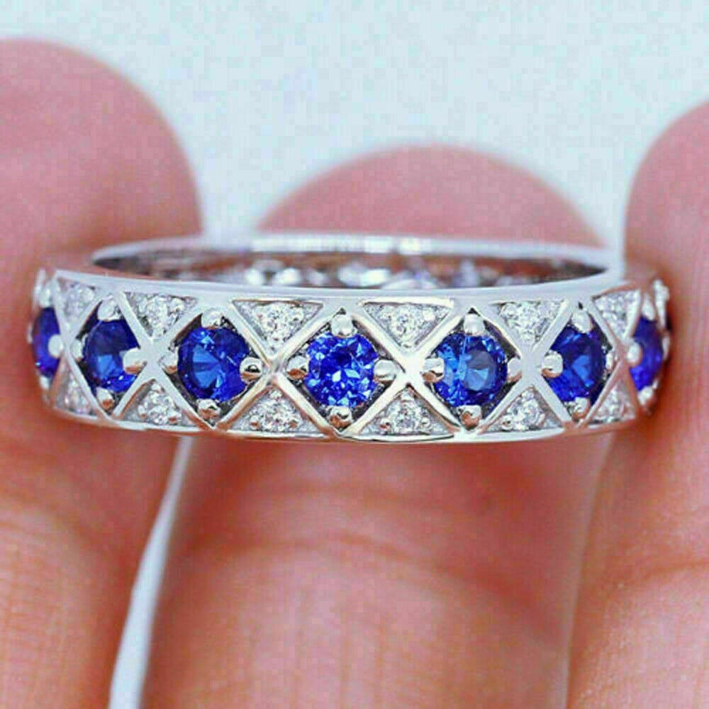 1.50Ct Round Cut Natural Sapphire Gemstone Wedding Ring 14K Solid White Gold