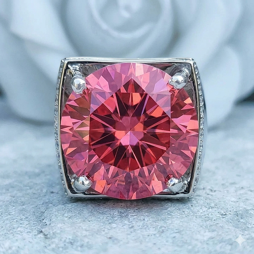 HUGE 30 Ct Certified Pink Diamond Men’s Ring, Gift For Birthday-FREE Studs