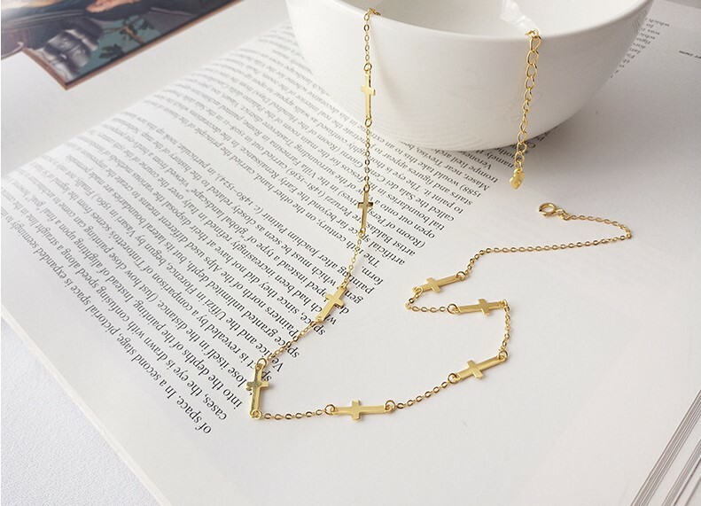 Women 14K Gold Side Cross 925 Sterling Silver Choker Chain Necklace 16-18″ A26