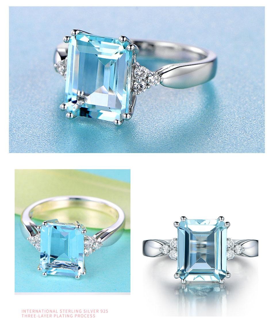 925 Sterling Silver Fashion Aquamarine Gemstone Ring For Women Wedding Party