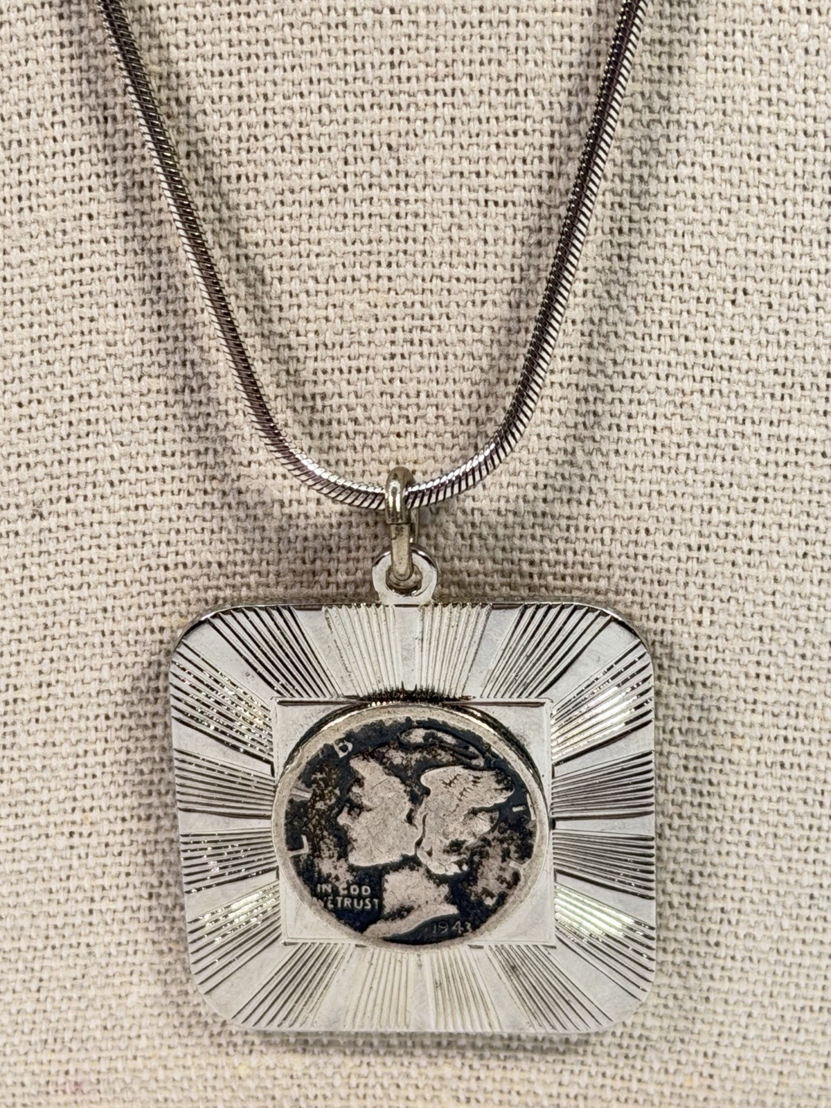 1941 Mercury Dime Coin Square Pendant Necklace Snake Chain 925 Italy 23″