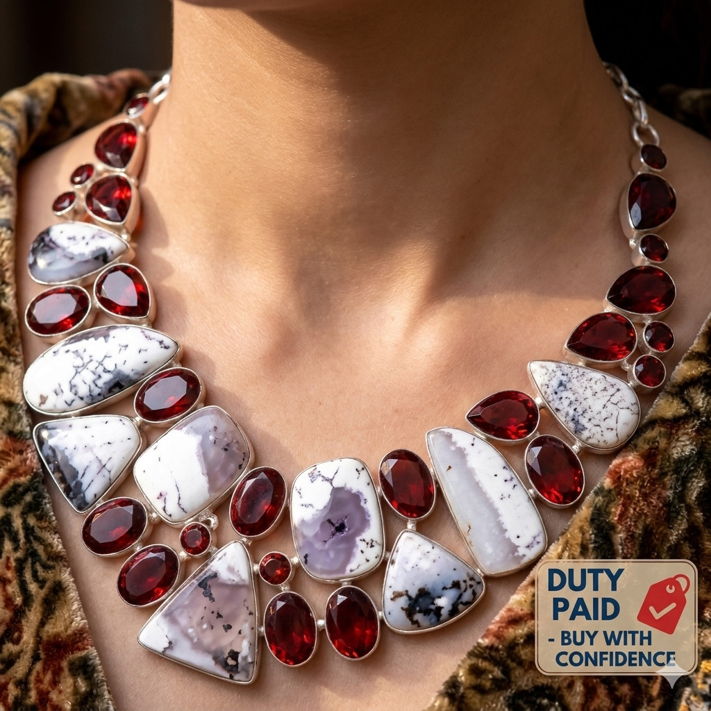 Sterling Silver Triangle Genuine Dendrite Opal Garnet Chain Channel Set Necklace