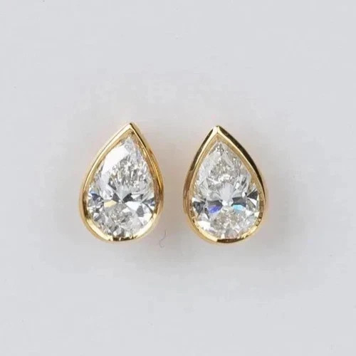 2Ct PearCut Real Moissanite Push Back Stud Bezel Earrings 14K Yellow GoldPlated