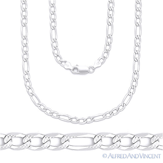 Solid Italy .925 Sterling Silver 2.8mm Figaro Pave Link Italian Chain Necklace