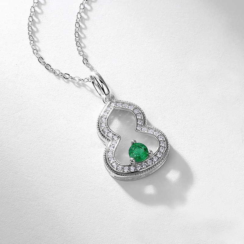 Lab-Created Emerald Ruby Gourd Pendant Necklace S925 Sterling Silver Gift
