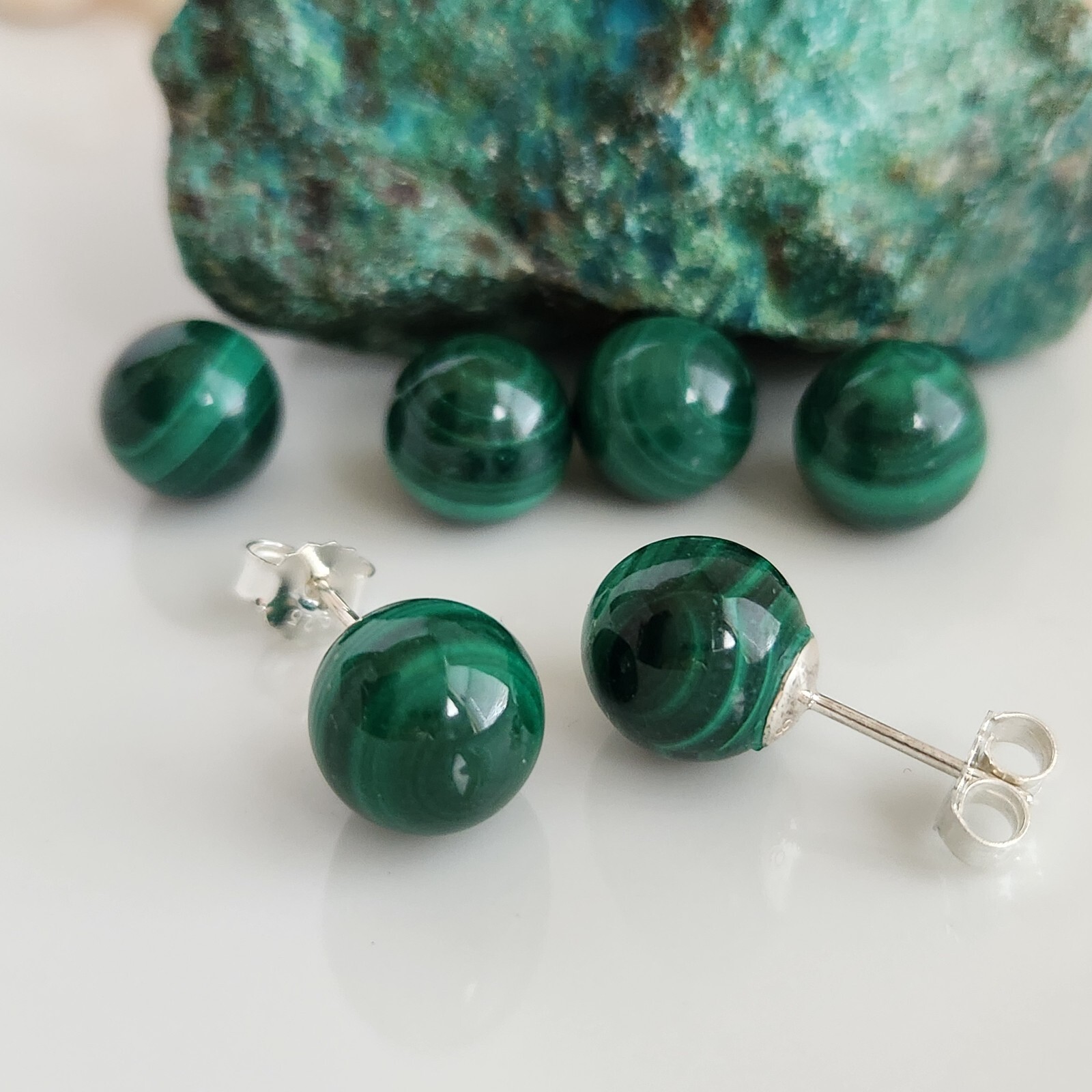 Natural Malachite 10 MM Ball Stud Earrings Solid 925 Sterling Silver