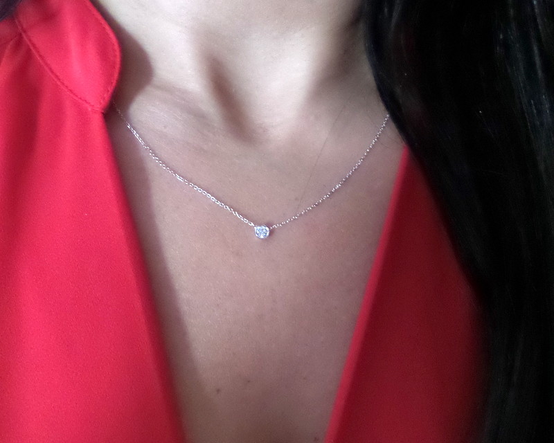 DIAMOND SOLITAIRE BEZEL SET NECKLACE 14K WHITE GOLD 0.10 CT SI1 Clarity G COLOR