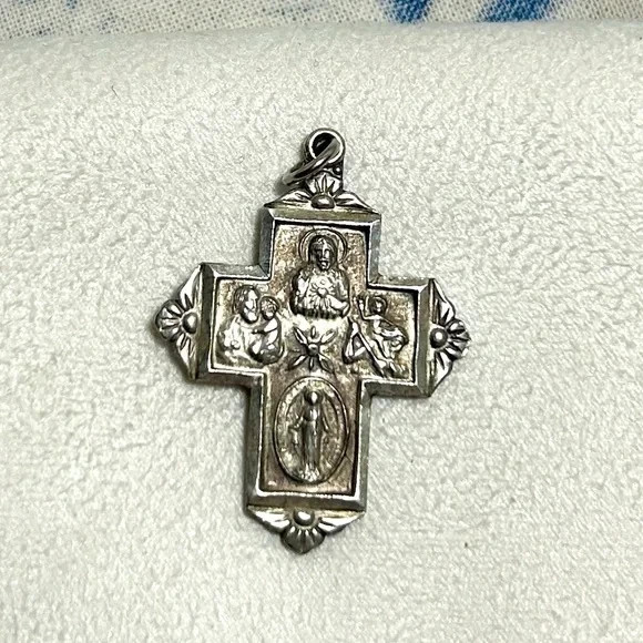 Sterling Silver 4 Panel Cross Catholic Pendant with Patina Vintage Unsigned