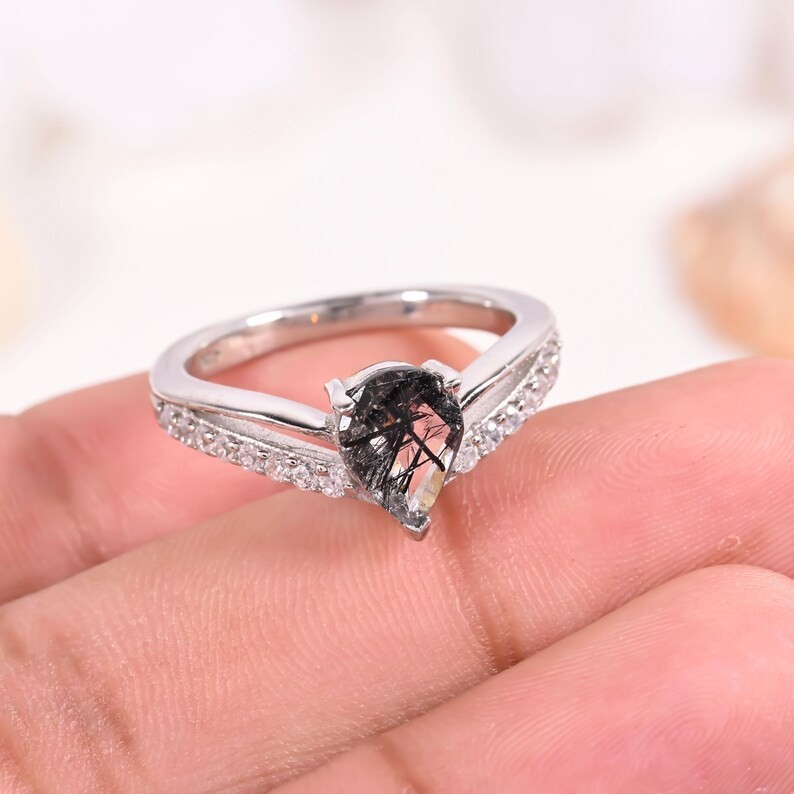 Handmade Black Rutile Quartz Ring 925 Silver Tear Drop Gothic Boho Jewelry Gift