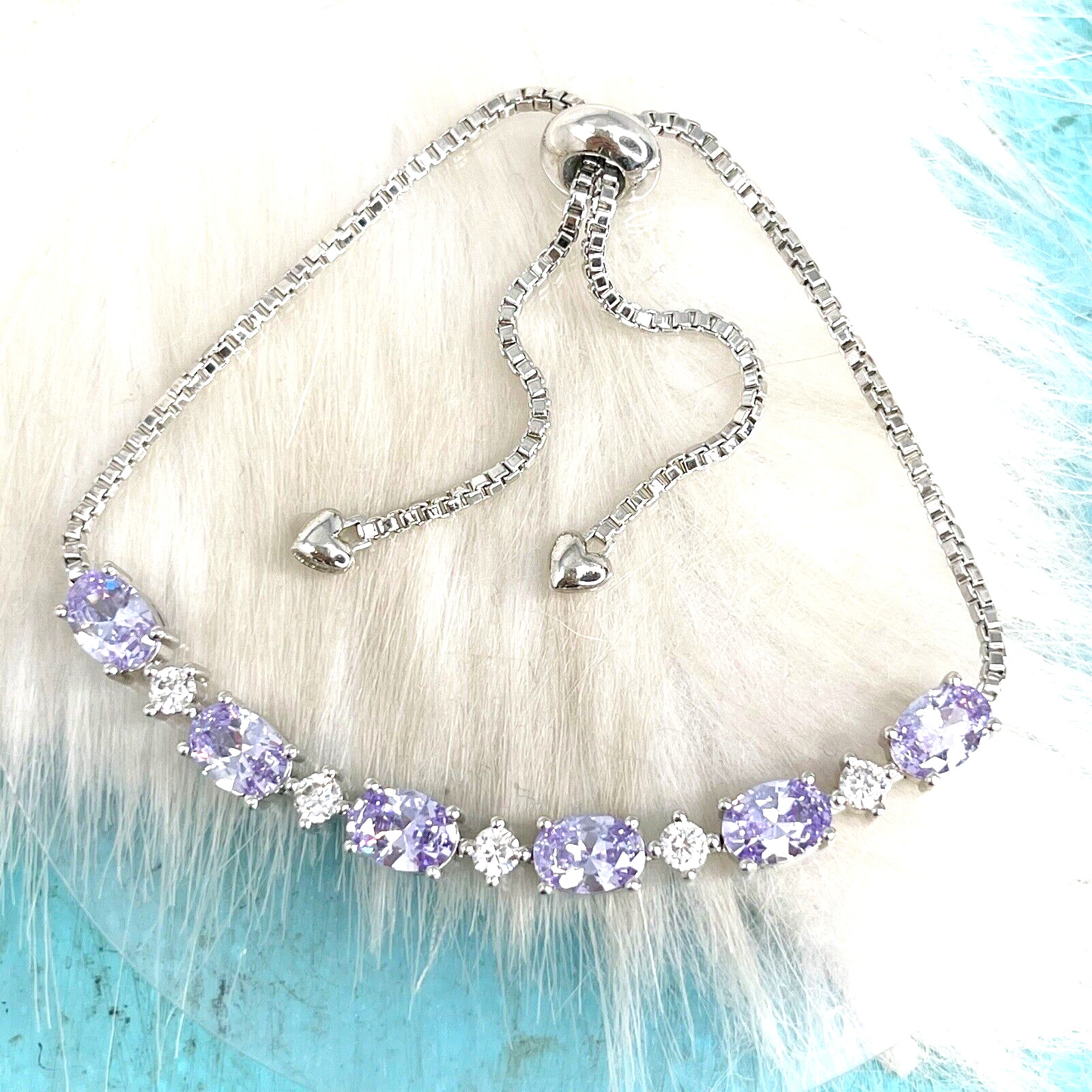 Rhodium Silver Plate Purple Crystal Adjustable Bracelet Fits Many Wrists