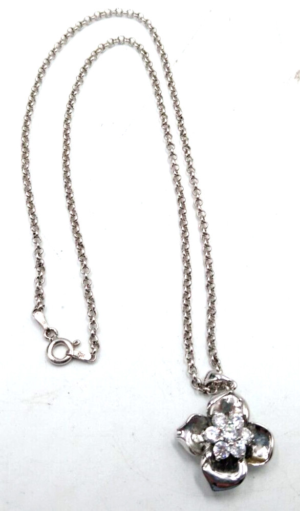 MBC Italy Sterling Silver 925 Flower W/ Rhinestones Pendant & 18″ Chain Necklace