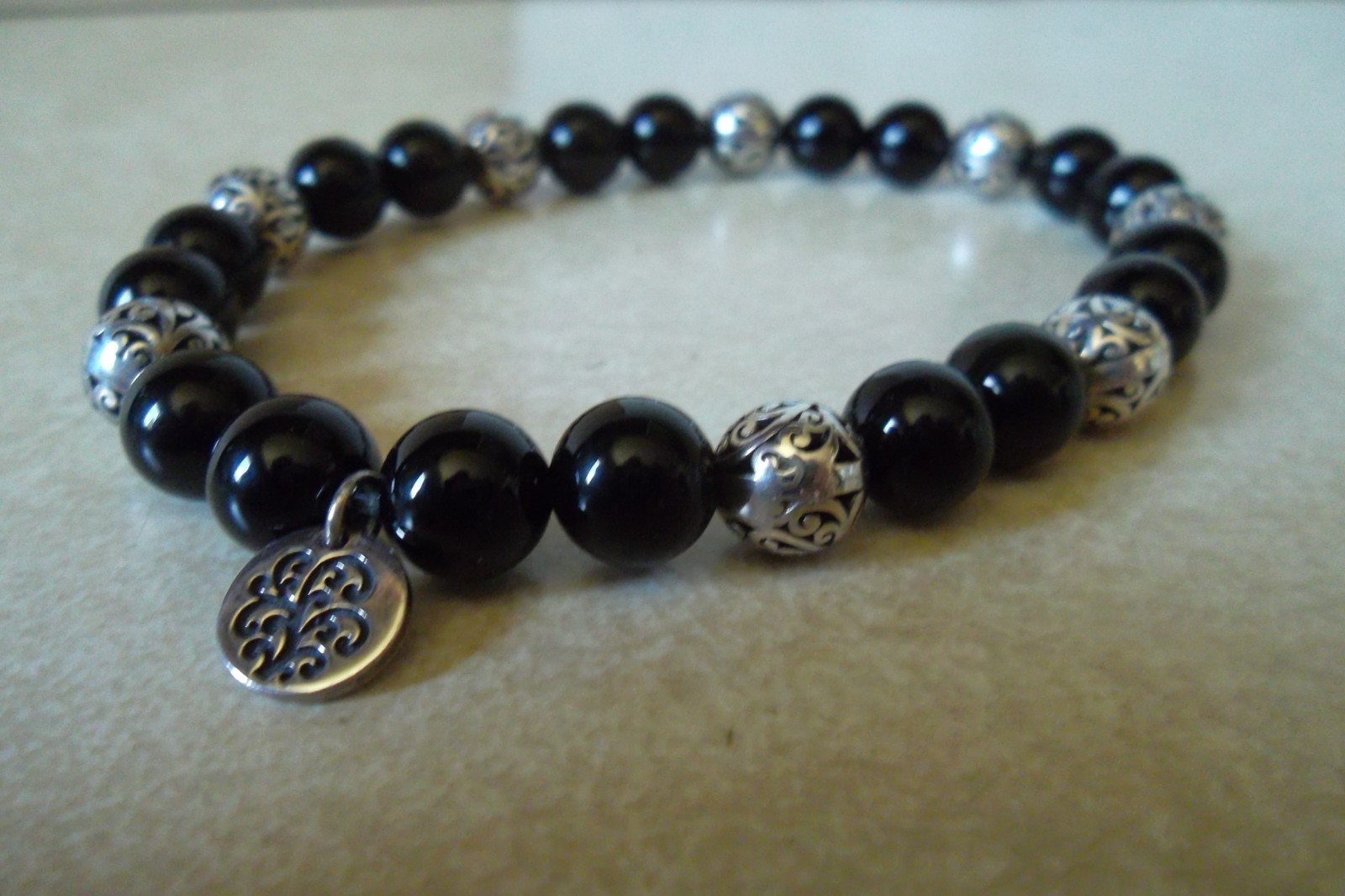 lois hill 8mm black onyx sterling silver filigree scroll bead stretch bracelet