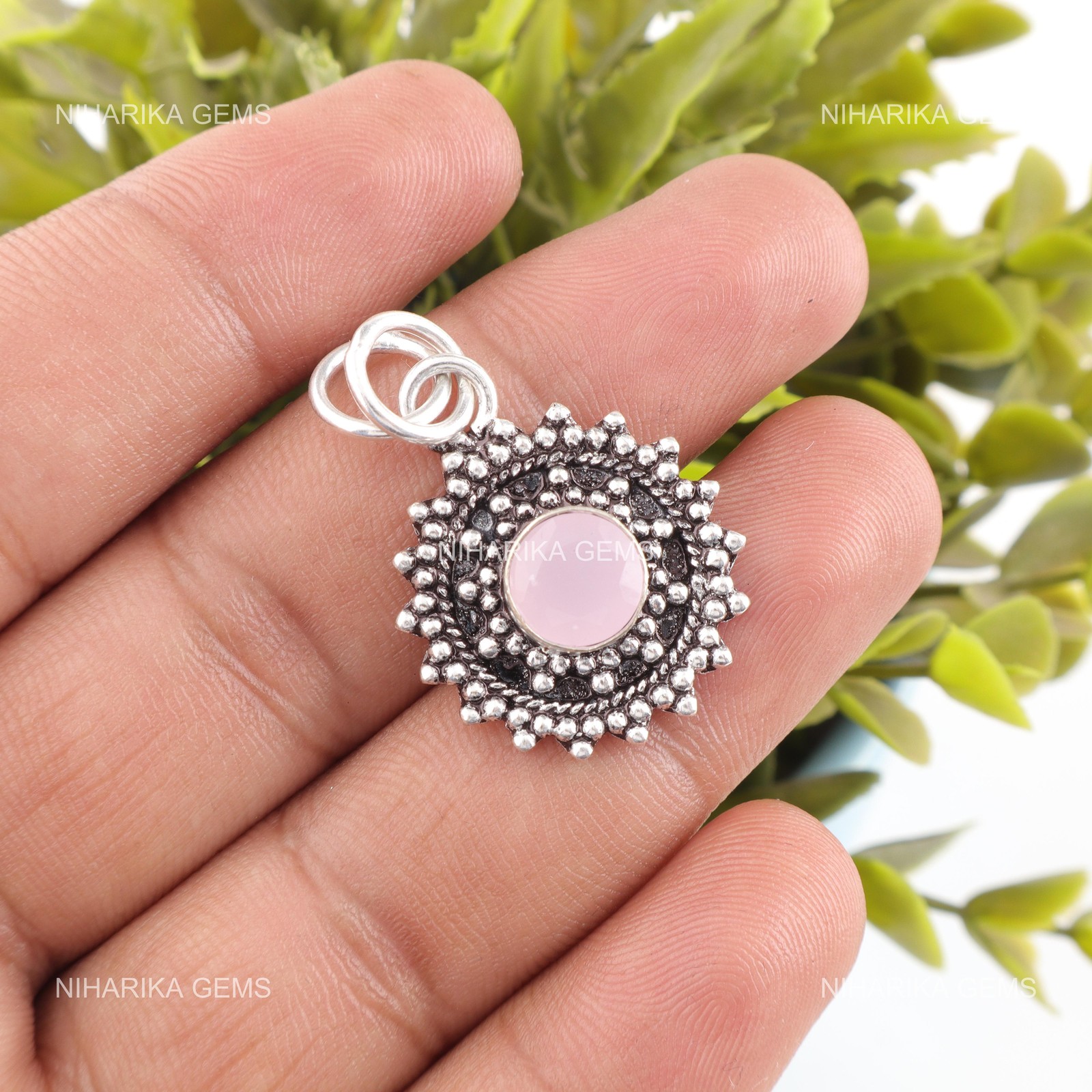 925 Silver Round Natural Rose Chalcedony Art Deco Trendy Wife Artisan Pendant